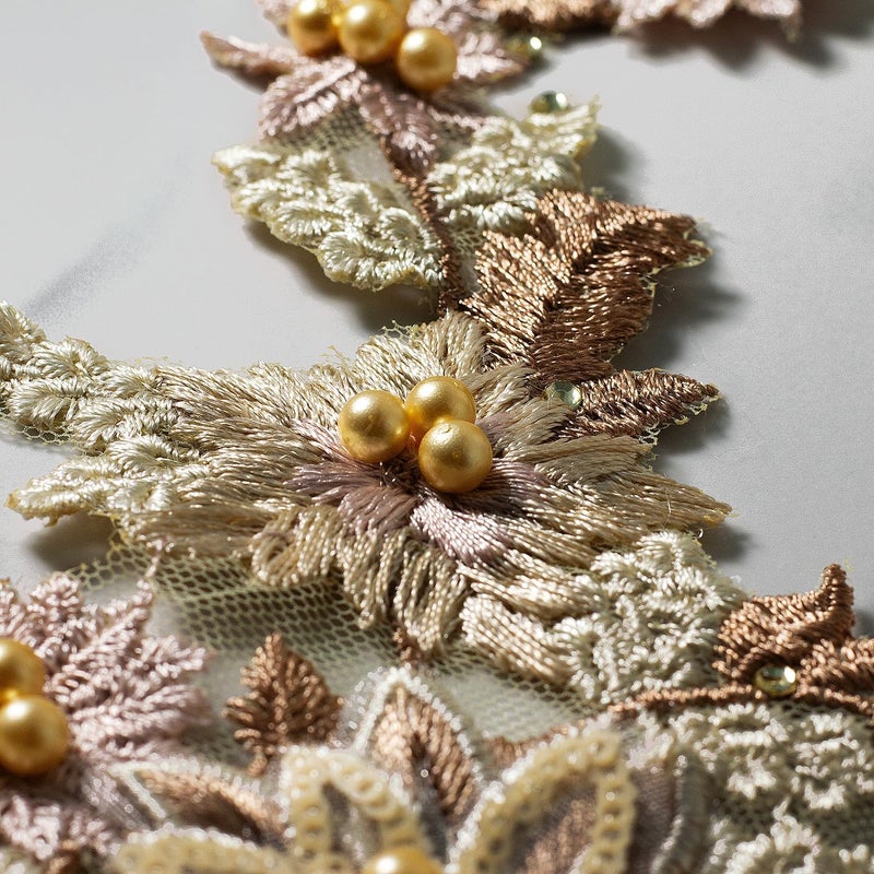 Silvora 3D Embroidered Flower Fabric Beaded Pearl Lace Applique, Handmade Sewing Tool for DIY Wedding Bridal Dress Floral Costume Patch Decor(Gold) - Image 3